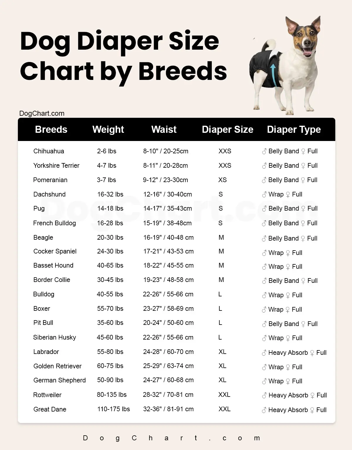 Dog Diaper Size Chart by Breed Dog Diaper Size Chart by Breeds