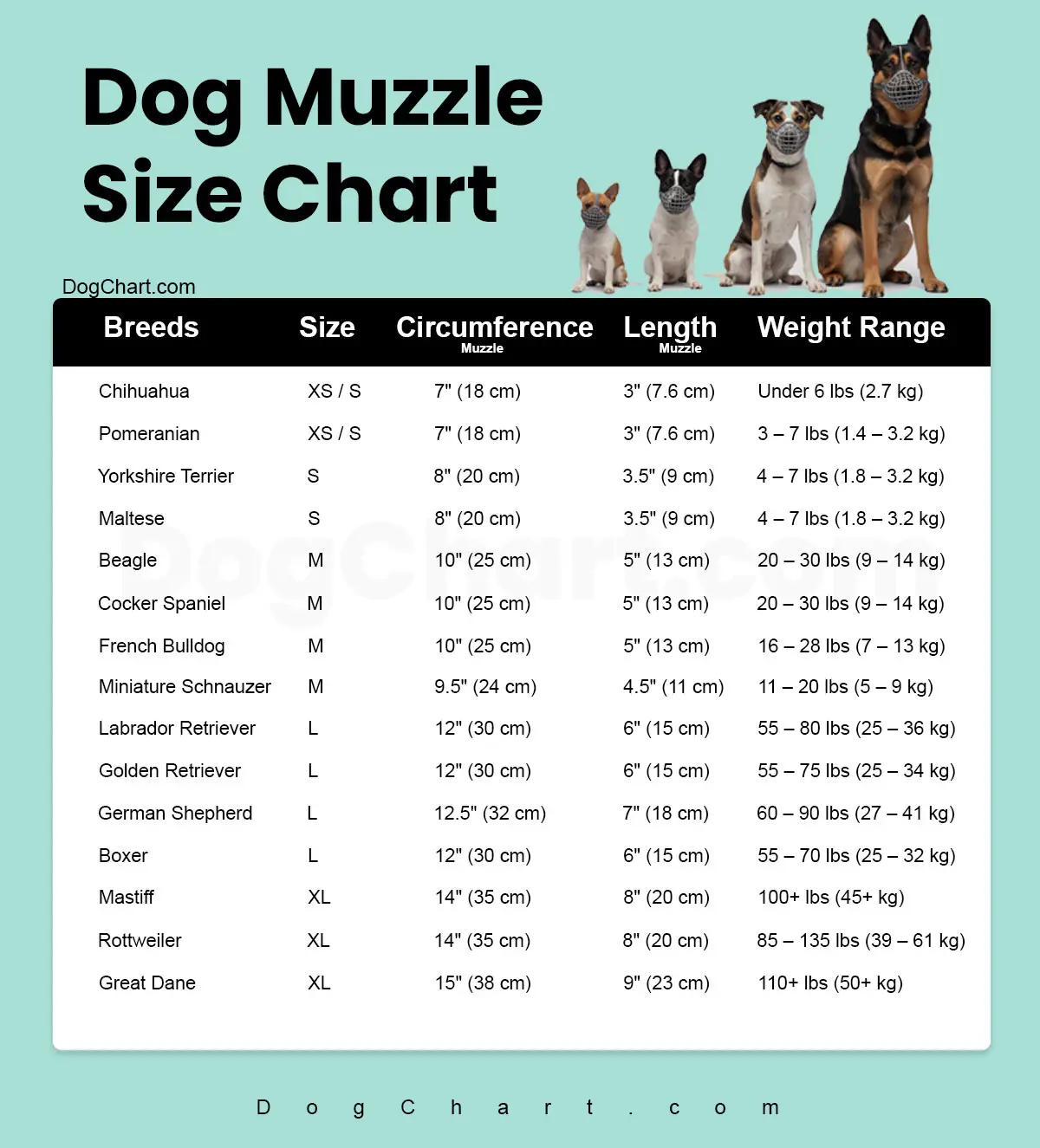 Dog Muzzle Size Chart - A Simple Guide dog muzzle size Chart by breed in inches and cm